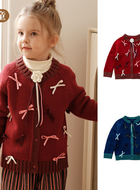 圣诞新年红色女童毛衣开衫2025秋冬新品甜美可爱蝴蝶结女宝外套