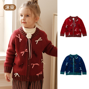 圣诞新年红色女童毛衣开衫2025秋冬新品甜美可爱蝴蝶结女宝外套