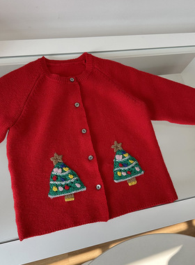 2025新款儿童圣诞节开衫毛衣女童红色羊毛针织衫圣诞树小外套上衣