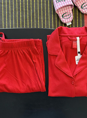 小众设计莫代尔红色春夏睡衣女长袖长裤套装轻奢家居服套装