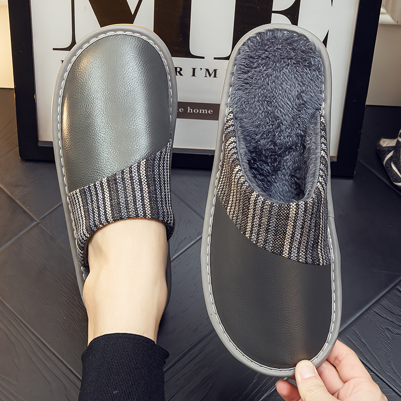 秋冬季全牛皮面家居防水棉拖鞋男女情侣居家室内防滑静音真皮拖鞋