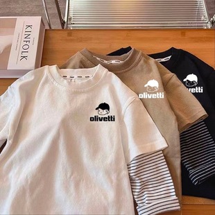 男女童韩版 2025夏季 T恤中小童假两件打底衫 新款 条纹上衣 儿童长袖