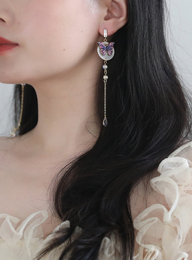 SUZEE原创设计 月光蝴蝶 紫色圆形贝壳耳环 小众超仙少女圆脸耳坠