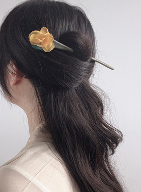 紫色橘黄色花簪子发簪发钗 汉服盘发木质简约百搭头饰发饰 中国风
