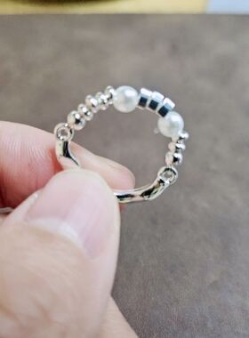 碎银子珍珠戒指女小众设计开口指环素圈戒子