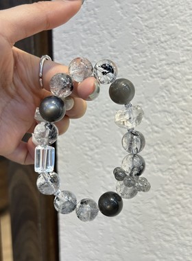 天然黑月光闪灵钻黑发晶手链女生大颗粒个性小众补水水晶手工串珠