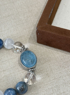 天然海蓝宝蓝晶白水晶手链女生大颗粒小众水晶串珠