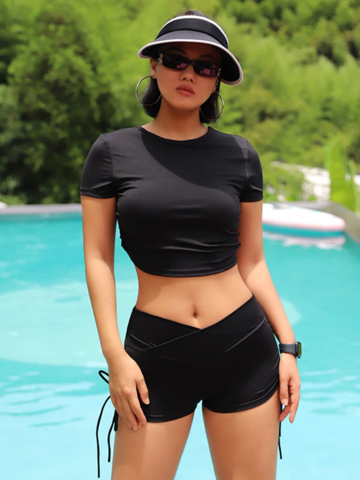 REYNA GYM SUIT YOGA TOP SPORT SHORT SLEEVE BUILT-IN CHEST PADDING DRAWSTRING BREATHABLE SHORTS WOMEN