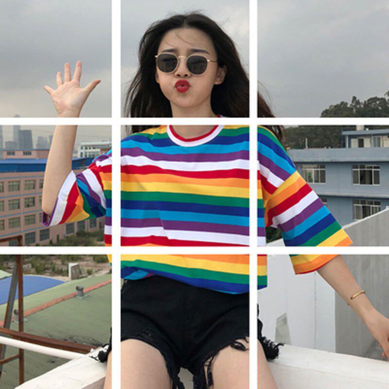 彩虹条纹短袖T恤女2024年夏季新款宽松bf慵懒风印花半袖上衣洋气