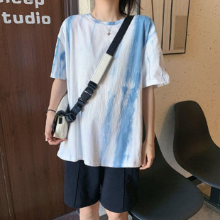 大码闺蜜装春夏季中长款扎染短袖T恤女休闲宽松内搭圆领韩版上衣