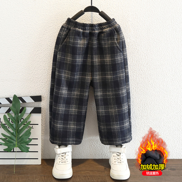 儿童加绒格子休闲裤男童秋冬保暖加厚松紧腰长裤中大童一体绒裤子