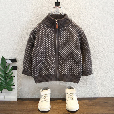 男童斜纹拉链毛衣外套秋冬季条纹针织衫冬装中大童上衣高领毛线衫