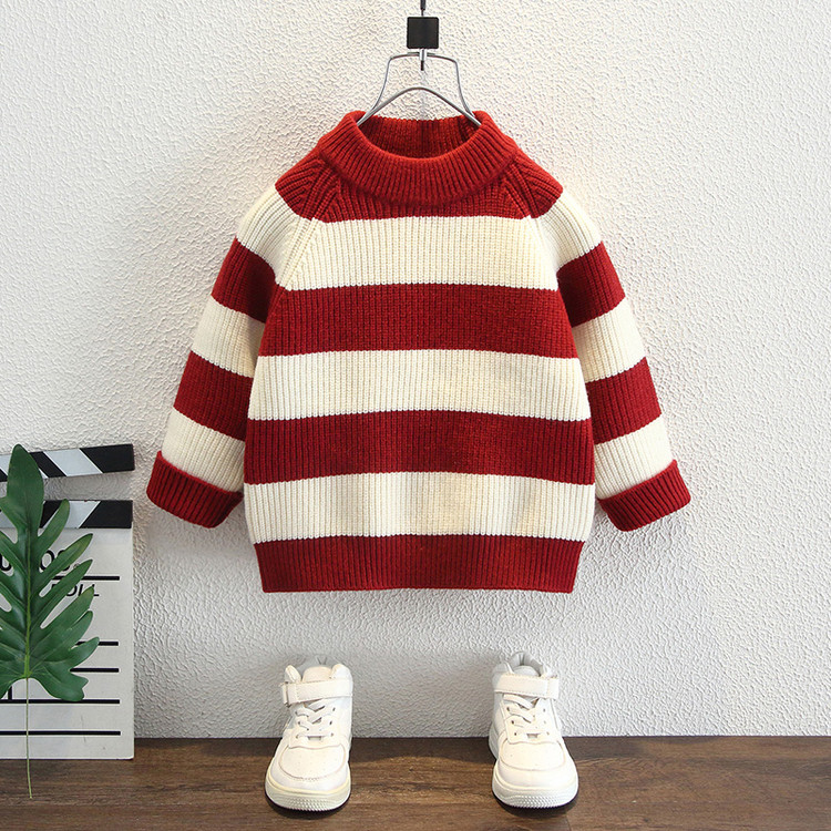 秋冬拼色条纹毛衣男童圆领套头针织衫秋冬保暖上衣中大童打底毛衫