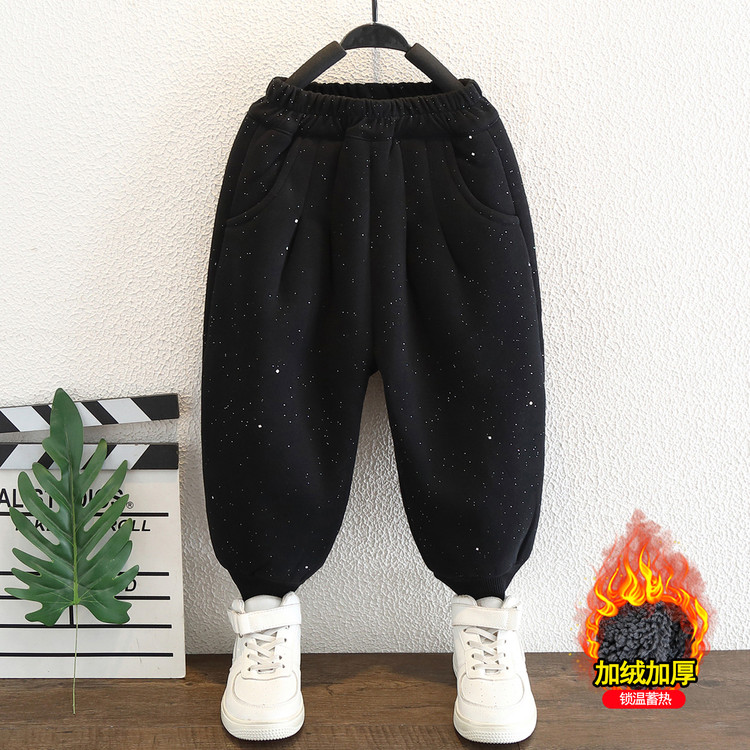 儿童秋冬加绒裤子黑色撒银运动休闲裤男童加厚保暖长裤羊羔绒卫裤