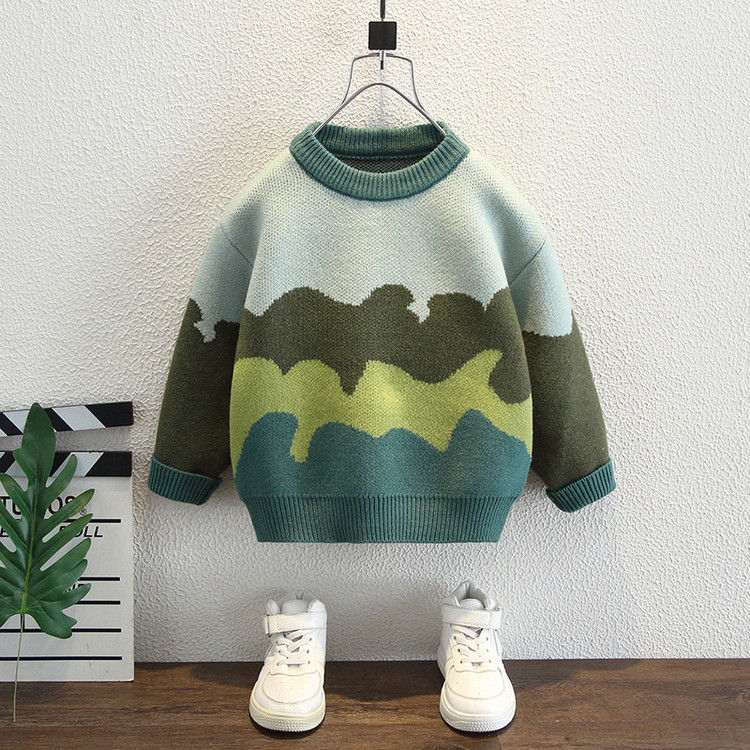 秋冬季儿童拼色圆领毛衣男童长袖宽松针织衫中大童保暖打底毛线衫