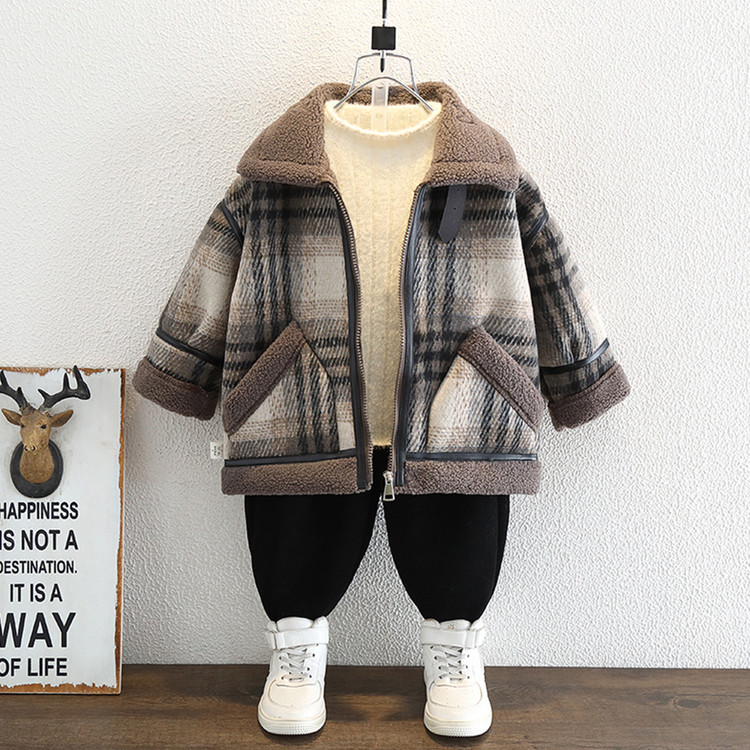 冬季男童羊羔绒外套中大童复古格子加绒加厚毛呢保暧大衣翻领夹克