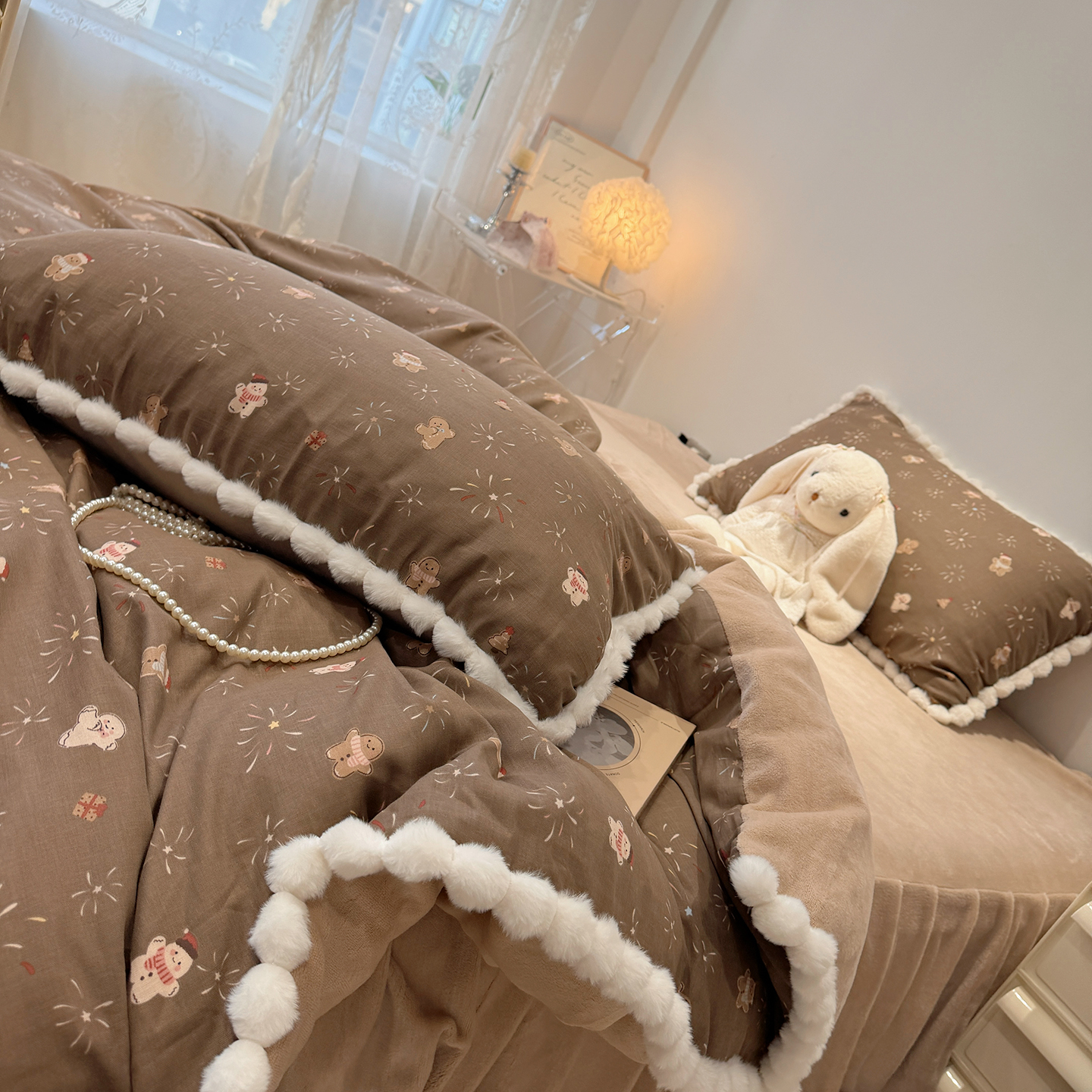 圣诞毛球款A面纯棉双层纱B面牛奶绒保暖四件套姜饼人秋冬被套床单