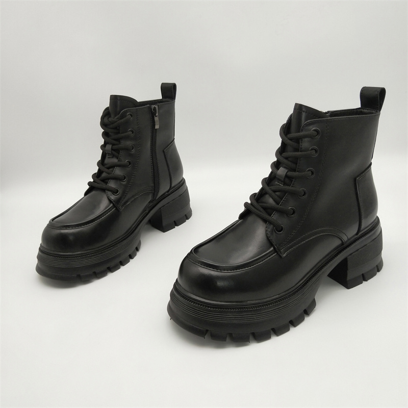 断码处理2025新款真皮牛皮圆头粗跟厚底拉链工装通勤马丁靴女短靴