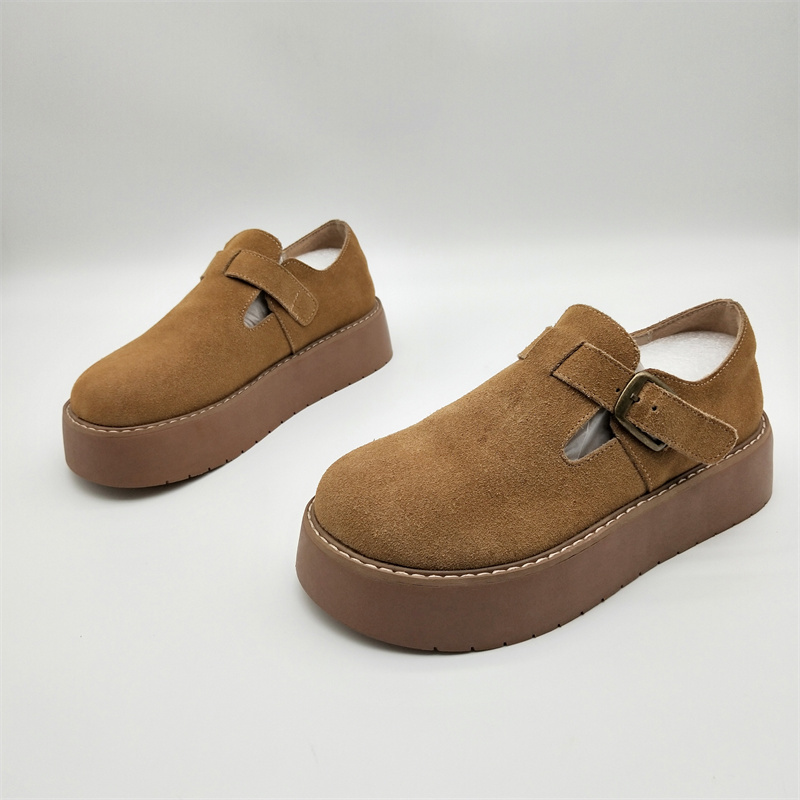 断码处理2025新款真皮牛反绒36码圆头厚底秋季休闲百搭单鞋勃肯鞋