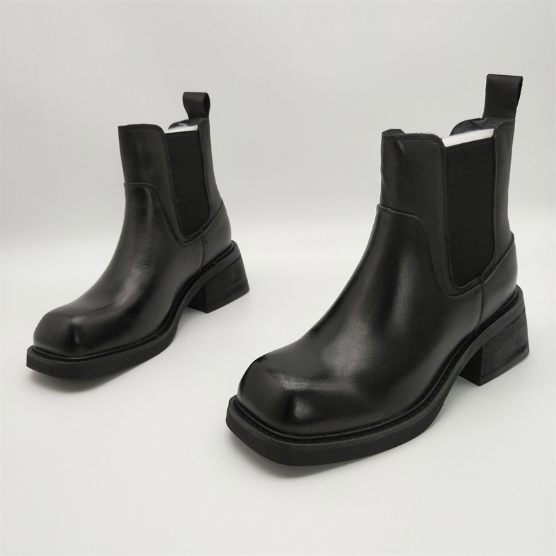 断码处理2025新款真皮牛皮方头粗跟套筒加绒保暖秋冬马丁靴女短靴