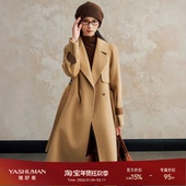 雅舒曼秋冬毛呢外套燕麦色直筒大衣双排扣外套