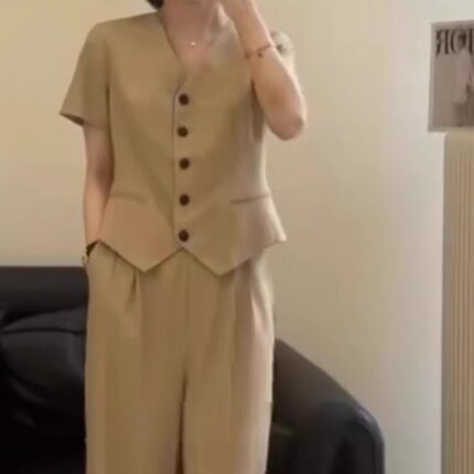 小众原货 老钱风羊毛短袖西装上衣+裤子 OL通勤高级气质西服套装