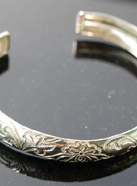 香港新款纯银纯手工刻花开口菊花纹手镯女SU素银专柜正品购特价