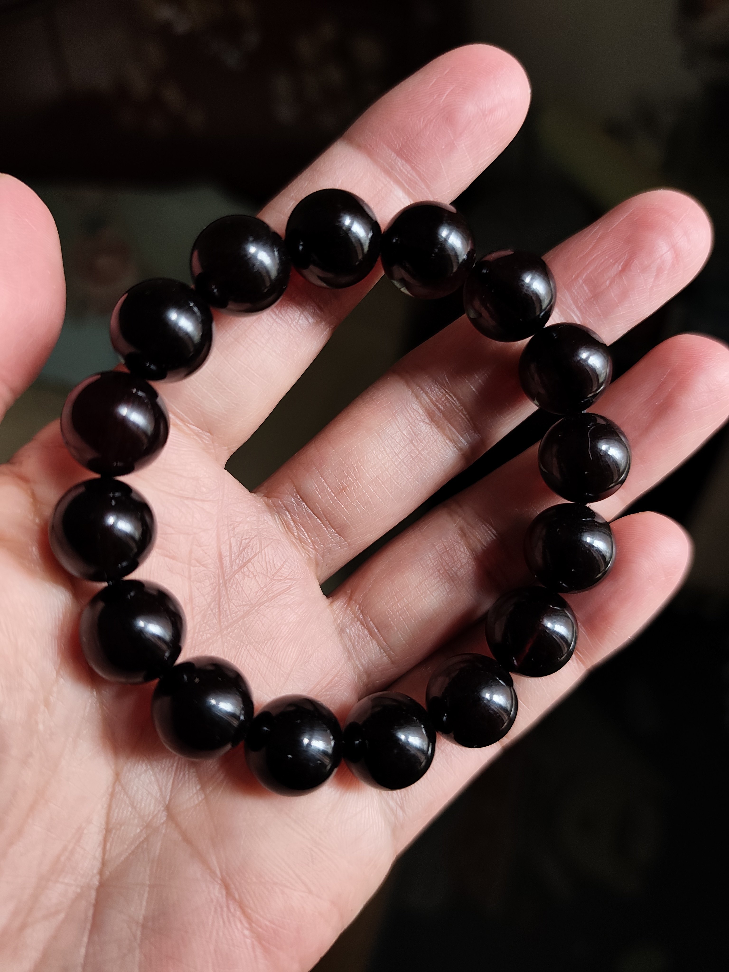 缅甸天然翳珀手串男女手链琥珀蜜蜡光面手钏 12.6mm黑佛珠