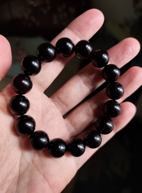 缅甸天然翳珀手串男女手链琥珀蜜蜡光面手钏 12.8mm带证书黑佛珠