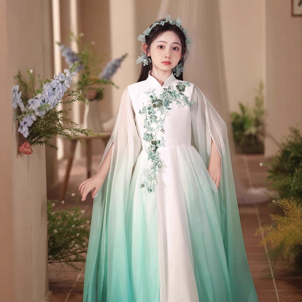 女童古筝服2025新款中国风雪纺弹古筝演出服小主持人合唱飘逸长裙