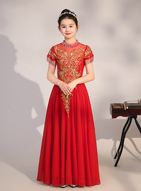 中国风女童古筝演出服儿童主持人合唱团礼服古典舞红色艺考表演服