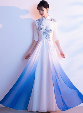 新中式立领大合唱团演出渐变礼服女古筝演奏表演长裙朗诵指挥服装