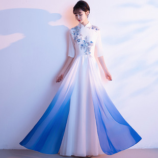 新中式立领大合唱团演出渐变礼服女古筝演奏表演长裙朗诵指挥服装