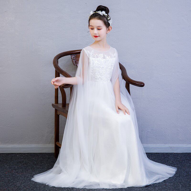 2025新款女童古筝演出服中式古典白色显瘦气质长款走秀考级演出服