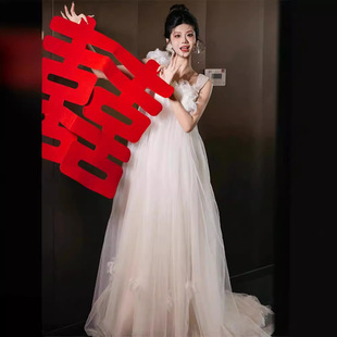 白色晨袍女新娘超仙在逃公主礼服订婚迎宾宴会生日吊带气质出门纱