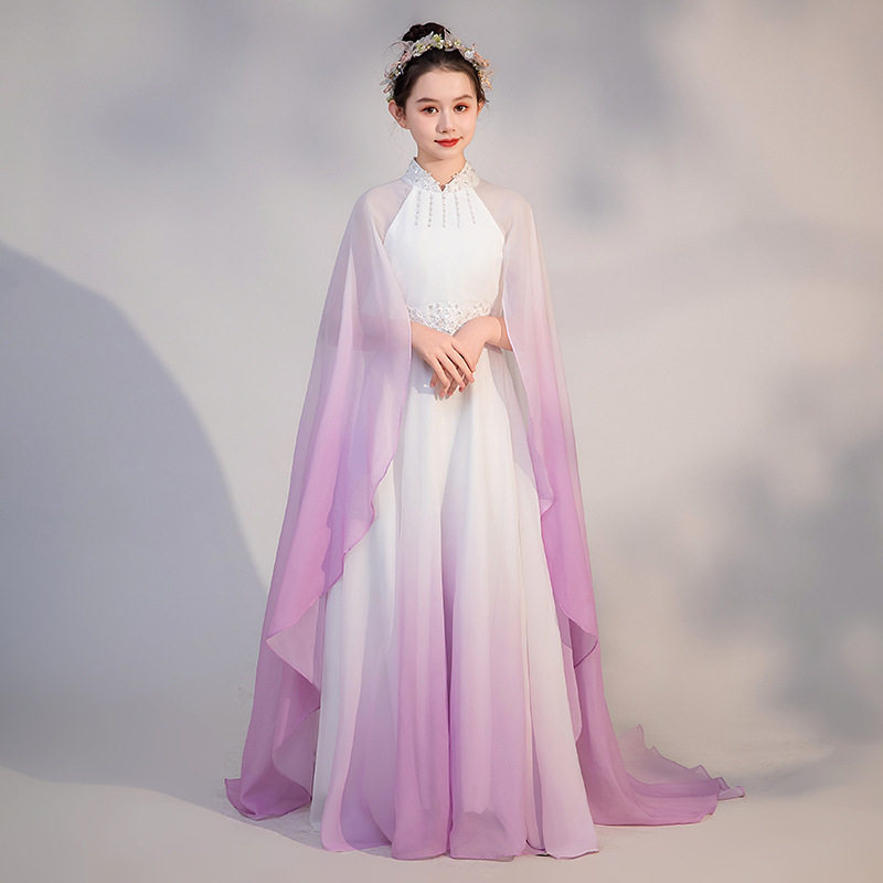 女童古筝演出服中国风渐变披风生日主持走秀钢琴演奏表演儿童礼服