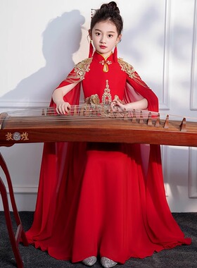 六一儿童礼服女童古筝旗袍儿童节演出服中国风合唱服礼服裙红色春
