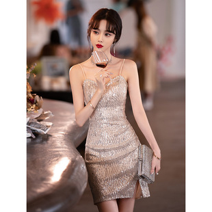 小个子晚礼服女年会名媛亮闪闪银色亮片简约夜场KTV性感礼服