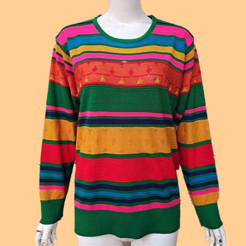 条纹薄款宽松复古风长袖针织上衣