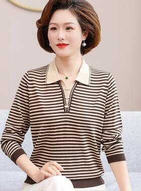 妈妈款秋装翻领上衣服z中年女长袖体恤T打底衫50岁60中老年人套装