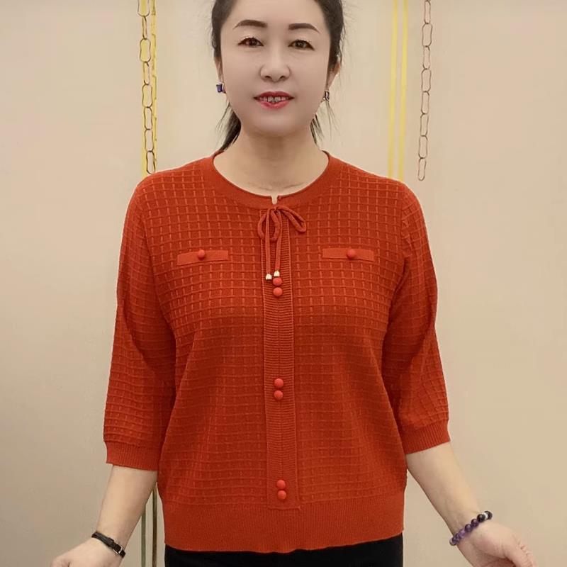 时尚妈妈春装2025新款圆领中老年女装冰丝针织T恤衫洋气减龄上衣