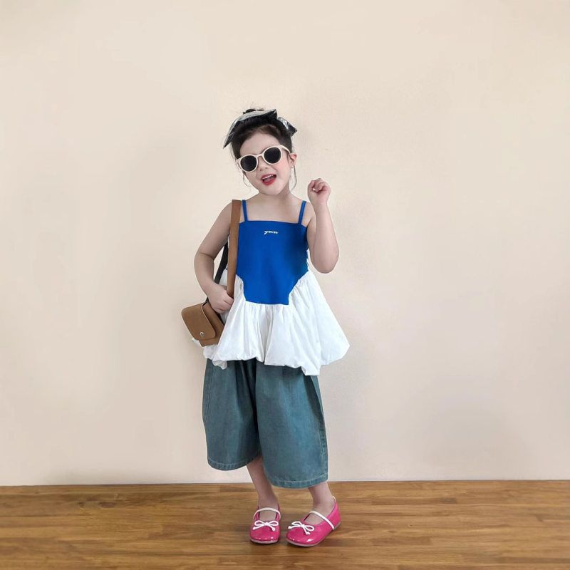 2025女童韩版气质拼色吊带蓝套装