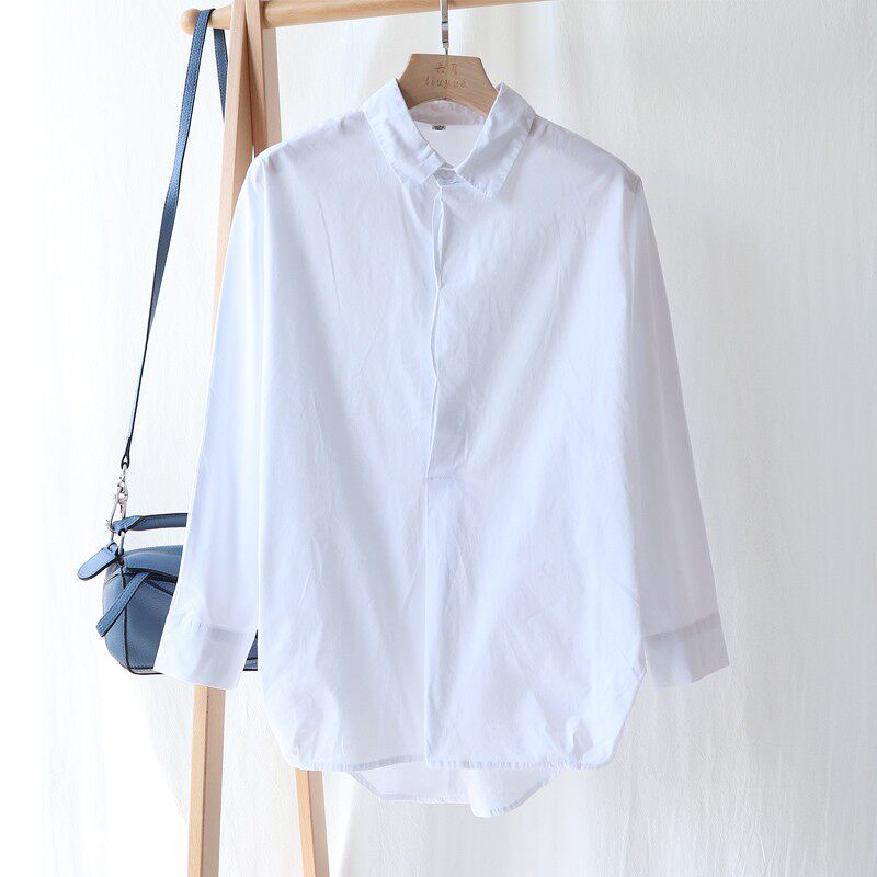 二零零八03减龄小翻领套头弹力棉褶皱侧边长袖白衬衫日系风上衣