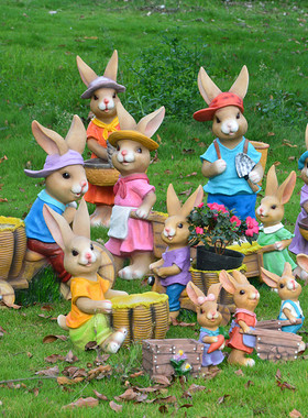 卡通风兔子园艺小猪花盆雕塑摆件