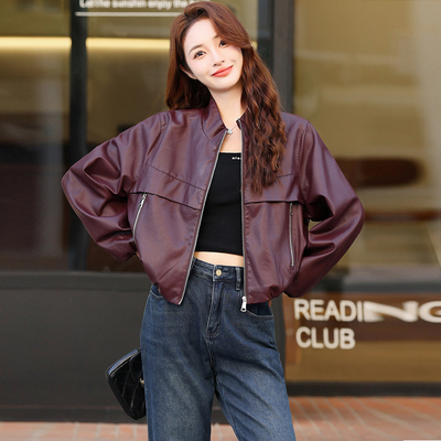 2025秋季装新款宽松显瘦休闲皮衣夹克中古机车立领拉链外套女夹克