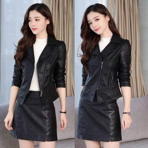画艺比2025秋季短款皮衣女新款收腰修身长袖皮外套气质时尚套装