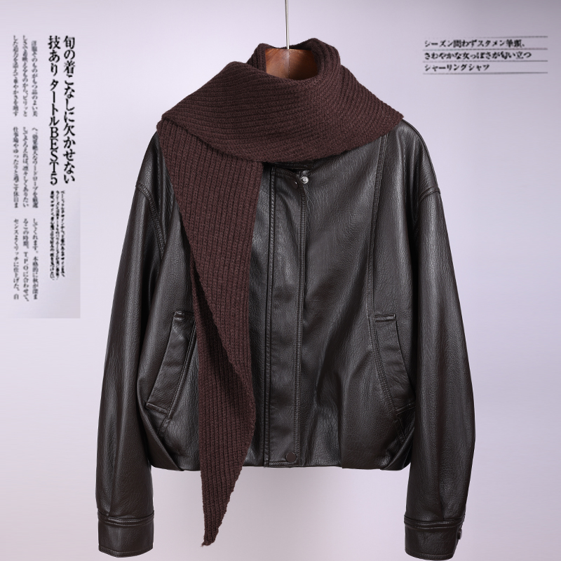 2025冬季针织围巾拼接立领皮衣