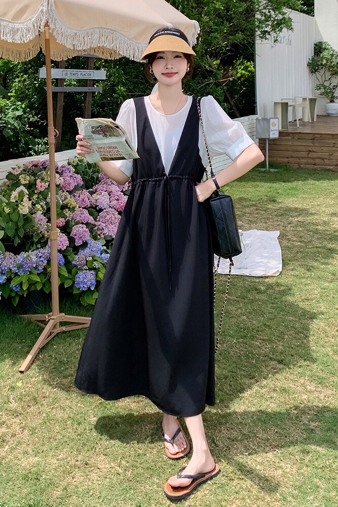 撞色拼接假两件连衣裙女夏季2025新款韩版宽松遮肚设计感休闲长裙,女装连衣裙,浙宝125