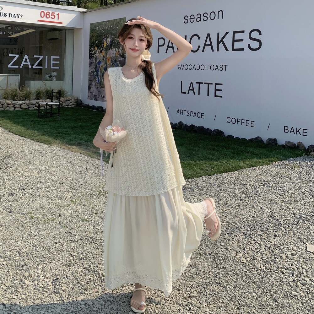 甜美温柔蕾丝拼接假两件背心连衣裙女夏2025新款独特漂亮减龄长裙,女装连衣裙,浙宝125