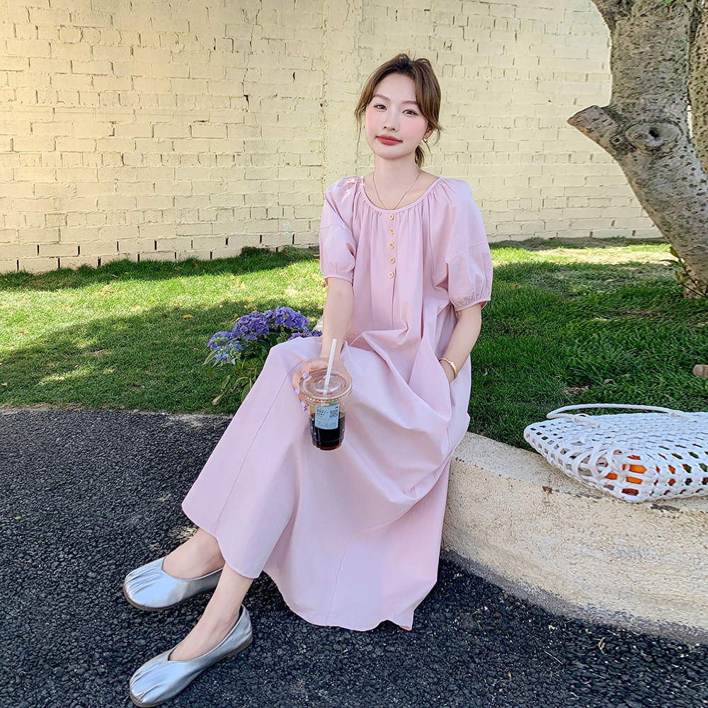 粉色温柔风泡泡袖连衣裙女2025夏季新款今年流行韩系宽松过膝长裙,女装连衣裙,浙宝125